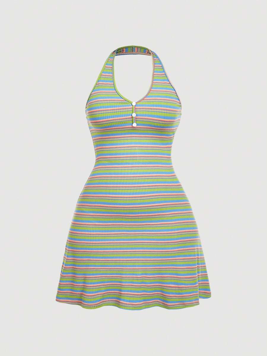 SHEIN MOD Dopamine Colored Stripe Front Button Decoration Scoop Neck Fitted Stretchy Bodycon Dress - Green - View 1