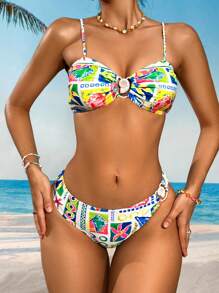 Swim Vcay Conjunto de bikini tipo bandeau con estampado oceánico bohemio para el verano - Multicolor - Ver 3