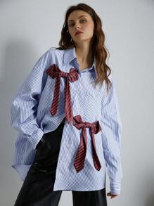 Aveloria Modichic Áo sơ mi cài nút sọc phong cách bạn trai ngoại cỡ cho nữ, áo sơ mi dễ thương vui nhộn mùa thu/đông - Nhiều màu - Xem 7