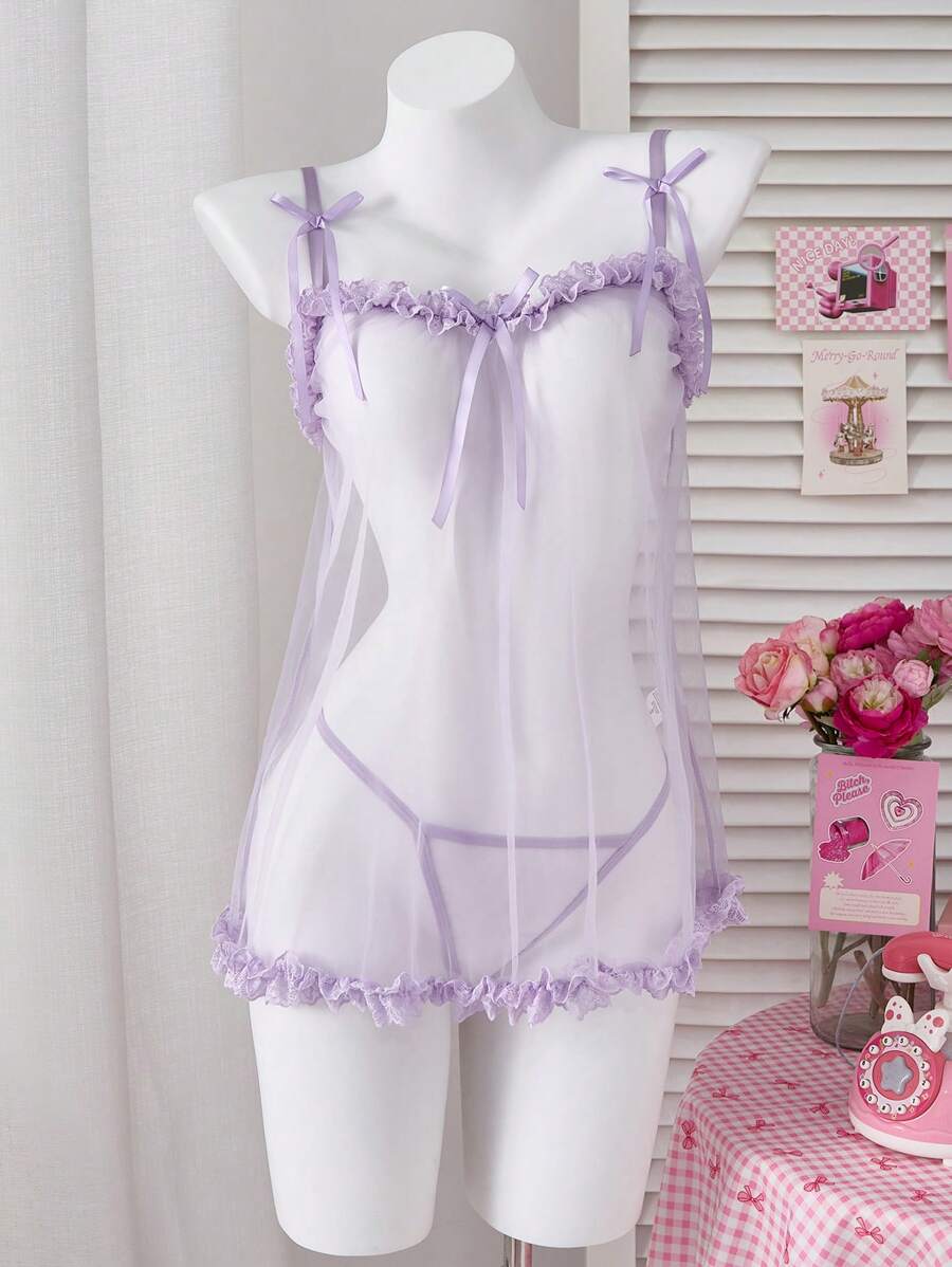 PetitDoll 2 件套蕾丝和网眼透明性感 A 字睡袍，婚礼性感风格，适合外出穿着 - 紫色 - 查看 1
