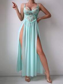 SHEIN 2pcs/Set Women Lace Mesh Sexy Sleepwear Set (Wireless Bra & G-String) - Green - View 4