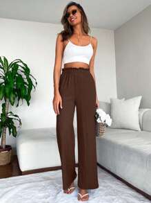 EURMUSE 2pcs Plain Brown + Black Simple Straight Leg Wide Leg High Waisted Flowy Women Pants - Brown - View 4