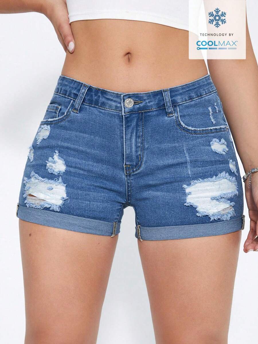Jeanoix Shorts vaqueros de mujer de ajuste ceñido y casual con puños y botones