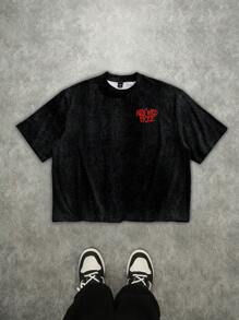 Manfinity Roghcode Men's Street Full Print Loose Fit Cropped Round Neck T-Shirt, Summer - Black - View 5