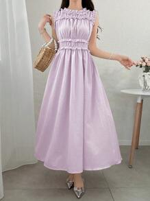 FRIFUL Đầm kẻ caro cổ tròn chữ A trang trí bo gấu cho nữ - Màu tím hoa cà - Xem 1