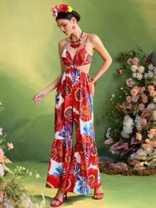 TIYA Frida Kahlo X SHEIN X Designer Summer Tropical Floral Printed Tie Backless Slip Jumpsuit , Women Vacation Outfits - Multicolor - View 4