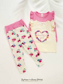 Cozy Pixies 4 件套女婴套装：花卉印花柔软针织无袖圆领上衣和松紧腰裤 - 彩色 - 查看 3