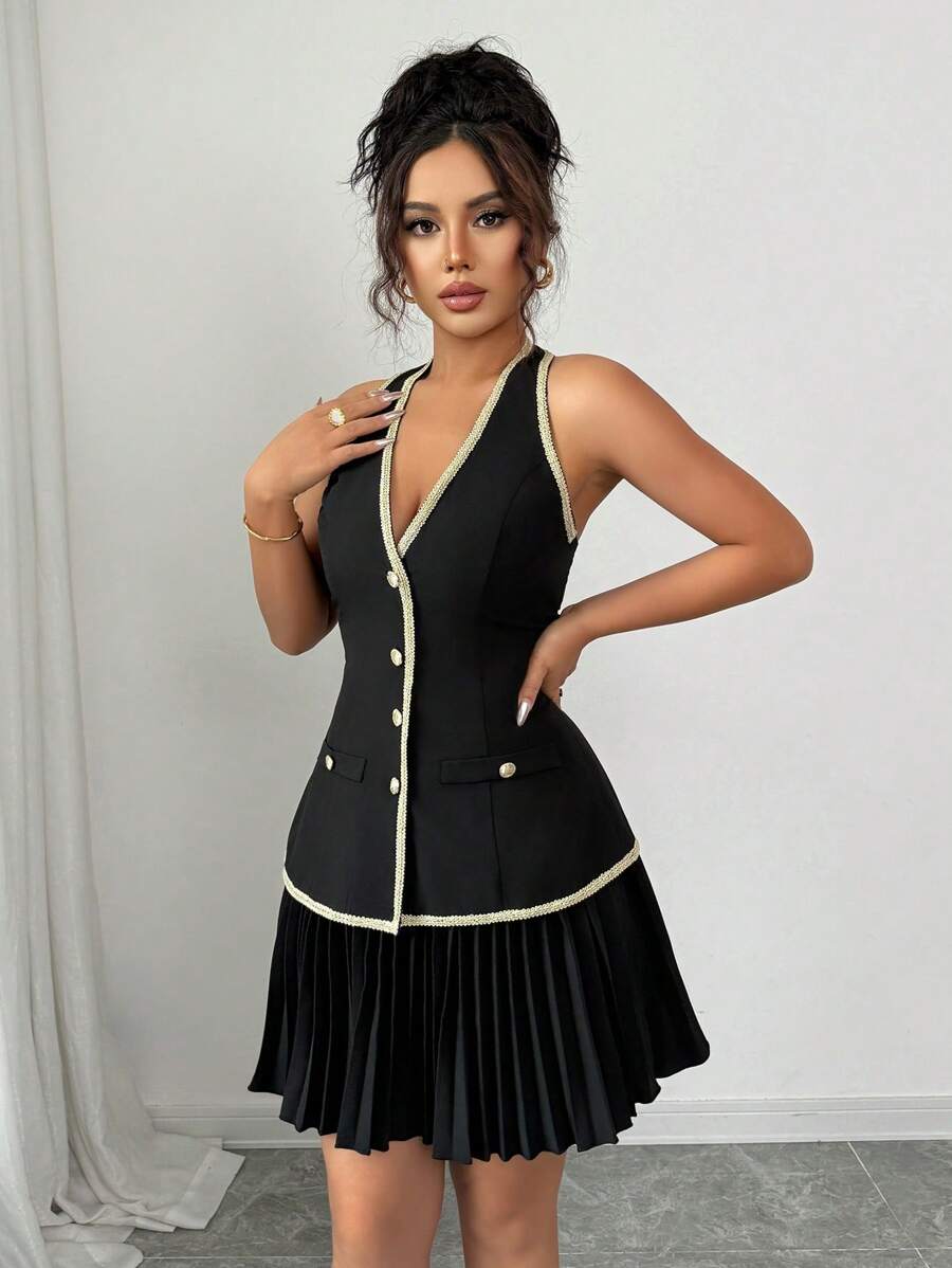 SHEIN Unity Set 2 Potong Rok Lipit Tanpa Lengan Motif Bunga Renda Elegan untuk Sehari-hari, Warna Hitam - Hitam - View 1
