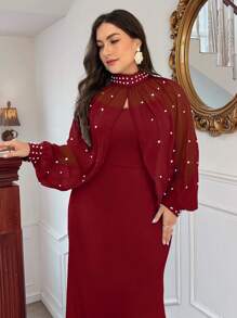 SHEIN Privé 珍珠吊带连衣裙-白色情人节长款斗篷罩衫白色浪漫婚礼季美人鱼超长连衣裙 - 酒紅色 - 查看 6