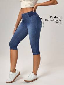 SHEIN Essnce Quần jean nữ dáng ôm, đa năng, dài đến khuỷu tay (3/4) bằng vải denim. - Màu xanh lam - Xem 6