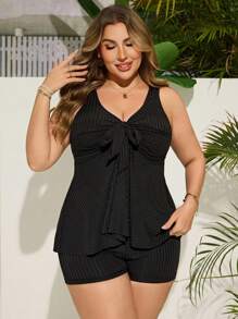 SHEIN Swim Curve Plus Size Women Ribbed Top With Bow And Ruffle Hem Paired With Hipster Bottoms Luxury Beach Swimsuit Set For Summer Beach Vacation