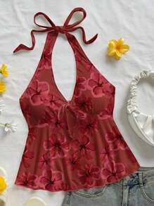 Soleia 女式休闲度假V领蝴蝶结露背上衣，夏季