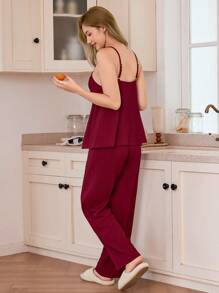 SHEIN 女士夏季结饰吊带背心和裤子睡衣套装 - 酒紅色 - 查看 2