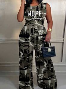 Maweii Plus Size Women Casual Loose Personalized Camouflage Sleeveless Jumpsuits