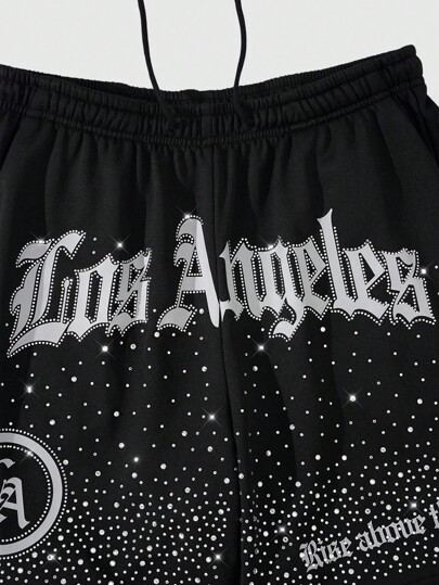 Street Life Pantalones cortos con cintura con cordón, bolsillo insertado y detalles brillantes con diamantes para hombre