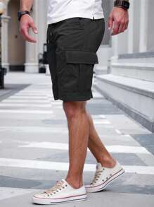 Manfinity Homme Pantalones cortos cargo de unicolor con cintura elástica y cordón, pantalones cortos negros, regalo para novio o esposo, para volver a la escuela
