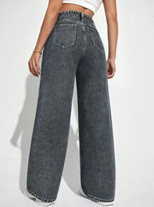 SHEIN EZwear 休闲高腰直筒洗水牛仔裤 - 藍色 - 查看 2