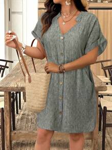 Calvaya Plus Size V-Neck Color Woven Raglan Sleeve Casual A-Line Dress
