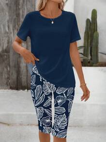 EMERY ROSE 2pcs/Set Women Plant Graphic Short Sleeve T-Shirt And 3/4 Pants Casual Summer Outfit Suitable For Going Out - Multicolor - View 6