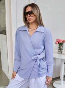 EURMUSE Áo sơ mi tay dài họa tiết nơ dệt sọc cho nữ thời trang xuân hè thường ngày ngày lễ đi nghỉ - Màu xanh nhạt - Xem 3