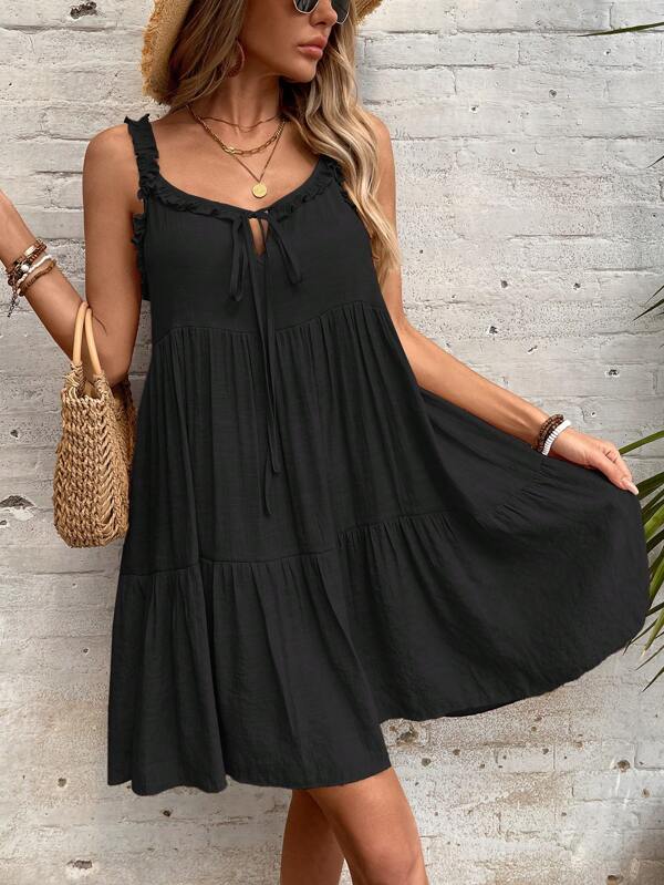 Swim Vcay Damen Sommer Strand einfarbiges ärmelloses Rüschen-Saum Bindeband Vorderseite Strandkleid