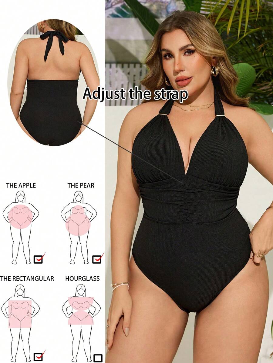 Swim Lushoire Maillot de bain une-pièce sexy à dos nu, col en V profond et plissé pour femmes grandes tailles, convient pour les fêtes à la plage