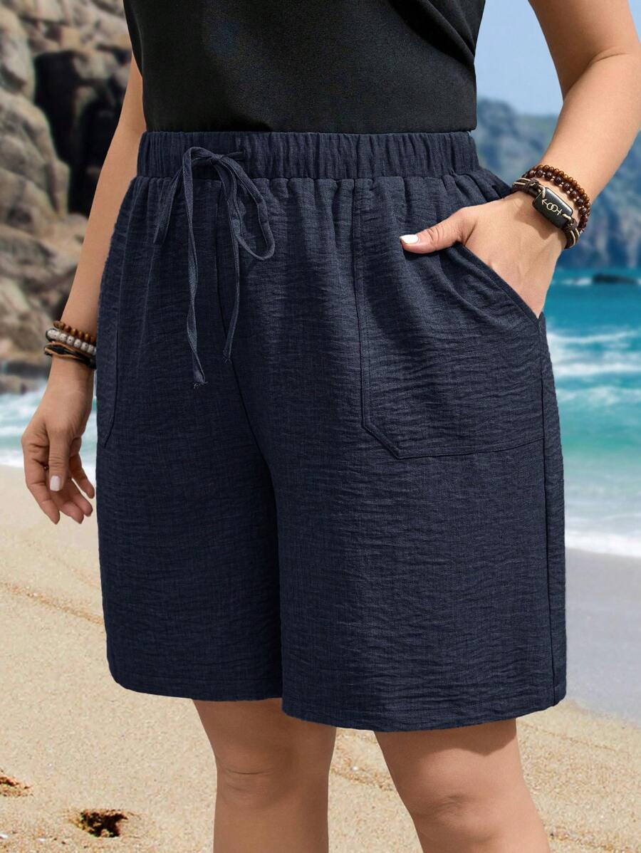 EMERY ROSE 加大码系带前口袋纯色宽松短裤，休闲日常穿着，度假，波西米亚风，送给母亲的礼物，波西米亚风，春假，狂欢，乡村 - 藏蓝色 - 查看 1