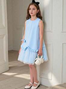 Elladie kids Tween Girls Lace Mesh Patchwork Sleeveless Princess Dress - Blue - View 1