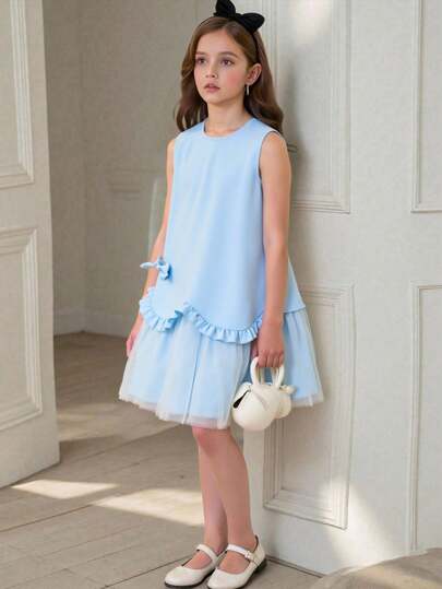 Elladie kids Tween Girls Lace Mesh Patchwork Sleeveless Princess Dress