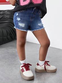 Young Girl' Navy Blue Denim Stretch Ripped Shorts,Kid Girls Spring And Summer Casual Vacation Country Boho Wear, Beach Outfits For Kid Girls,Western Street Wear For Girl,Spring Break Outfits,Rave Outfits Festival Denim Shorts - Dark Wash - View 6