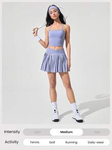 GLOWMODE Let's Play Sweat-Wicking Stretchy Mid-Rise Crossover Waist Pleated Tennis Skirt With Built-In Shorts Side Pockets Tennis Golf Daily - Mauve Mist - View 8