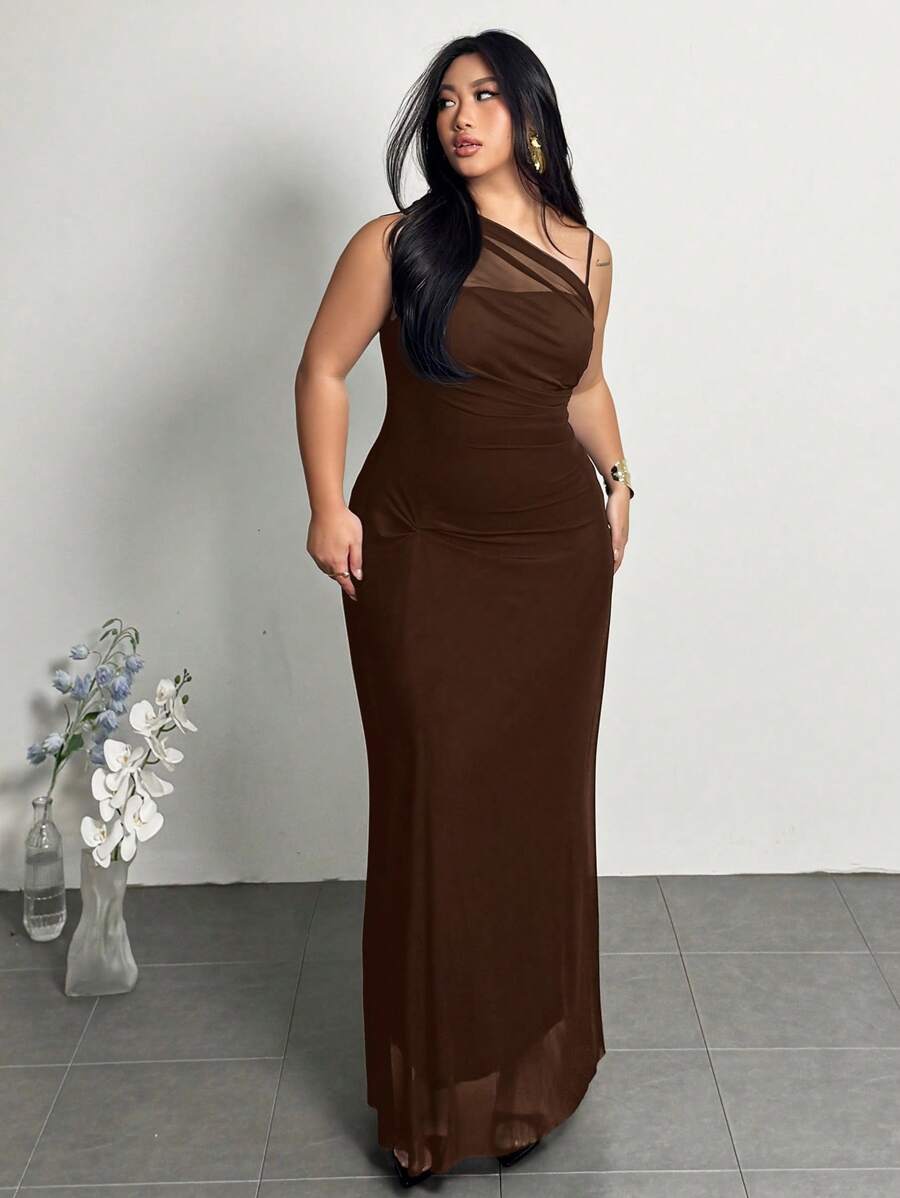 Firerie 大码女式优雅简约时尚基本款 Ins 风格连衣裙，适合办公室、工作场所、通勤、网红、音乐节、海滩旅行、无袖、透视、不对称下摆、合身、修身、超长