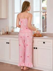 SHEIN Star Print Ruffled Cami Top And Pants Pajama Set - Multicolor - View 2