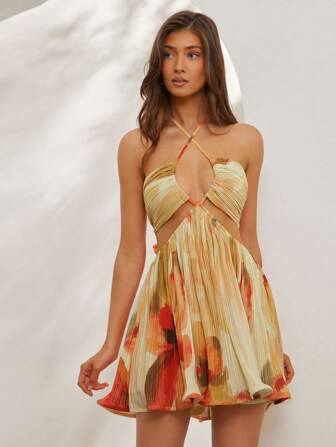 L'Amorae Elegant och sexig plisserad satinklänning med halterneck och korsskärning, böljande blommönster, sommarsolklänning för kvinnor, sommaroutfits för kvinnor, strandoutfits för kvinnor, 4 juli-outfits