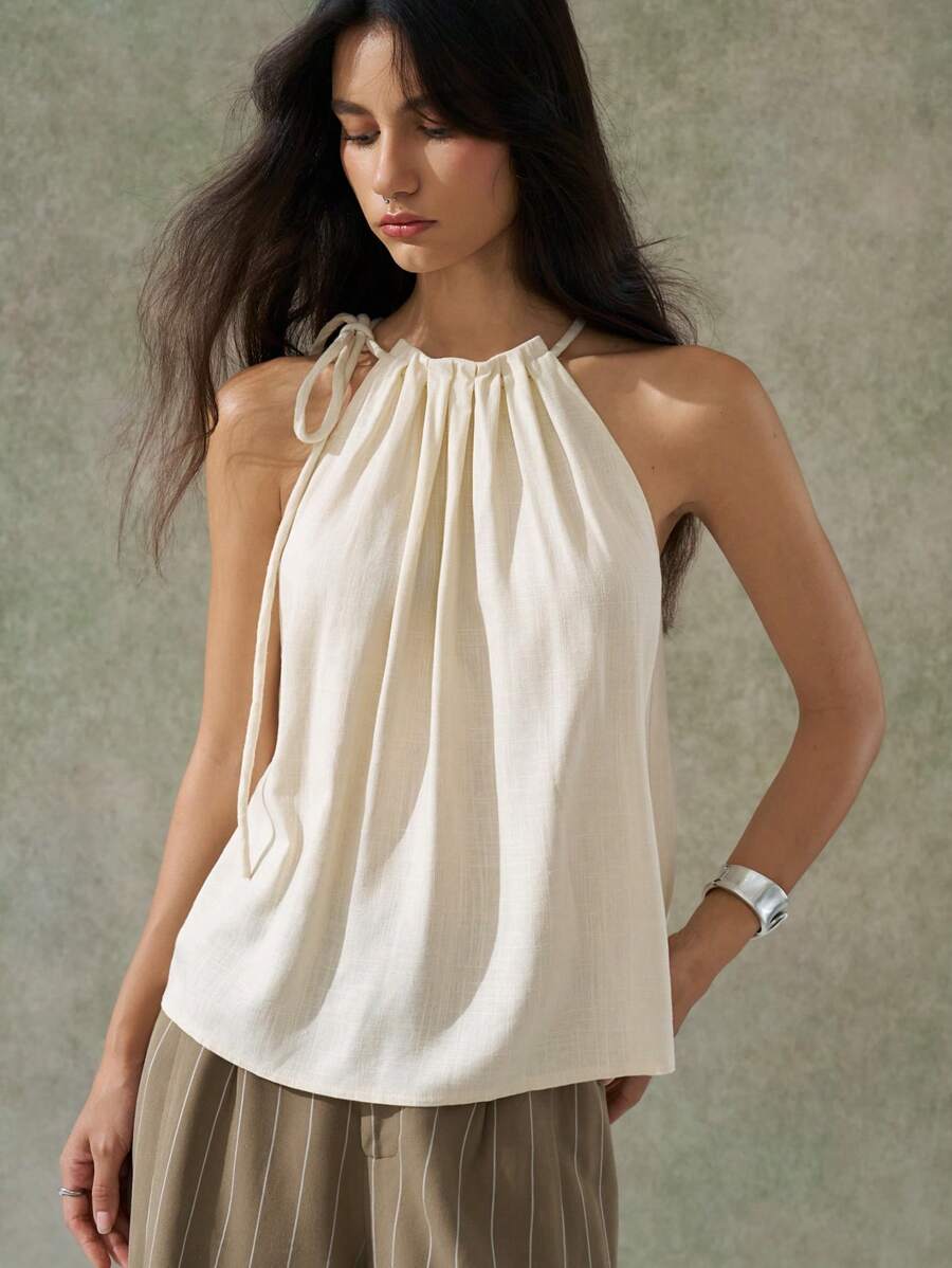 LYSMO 女士荷叶边系带宽松背心 - 2025 春夏新品 - 卡其色 - 查看 1