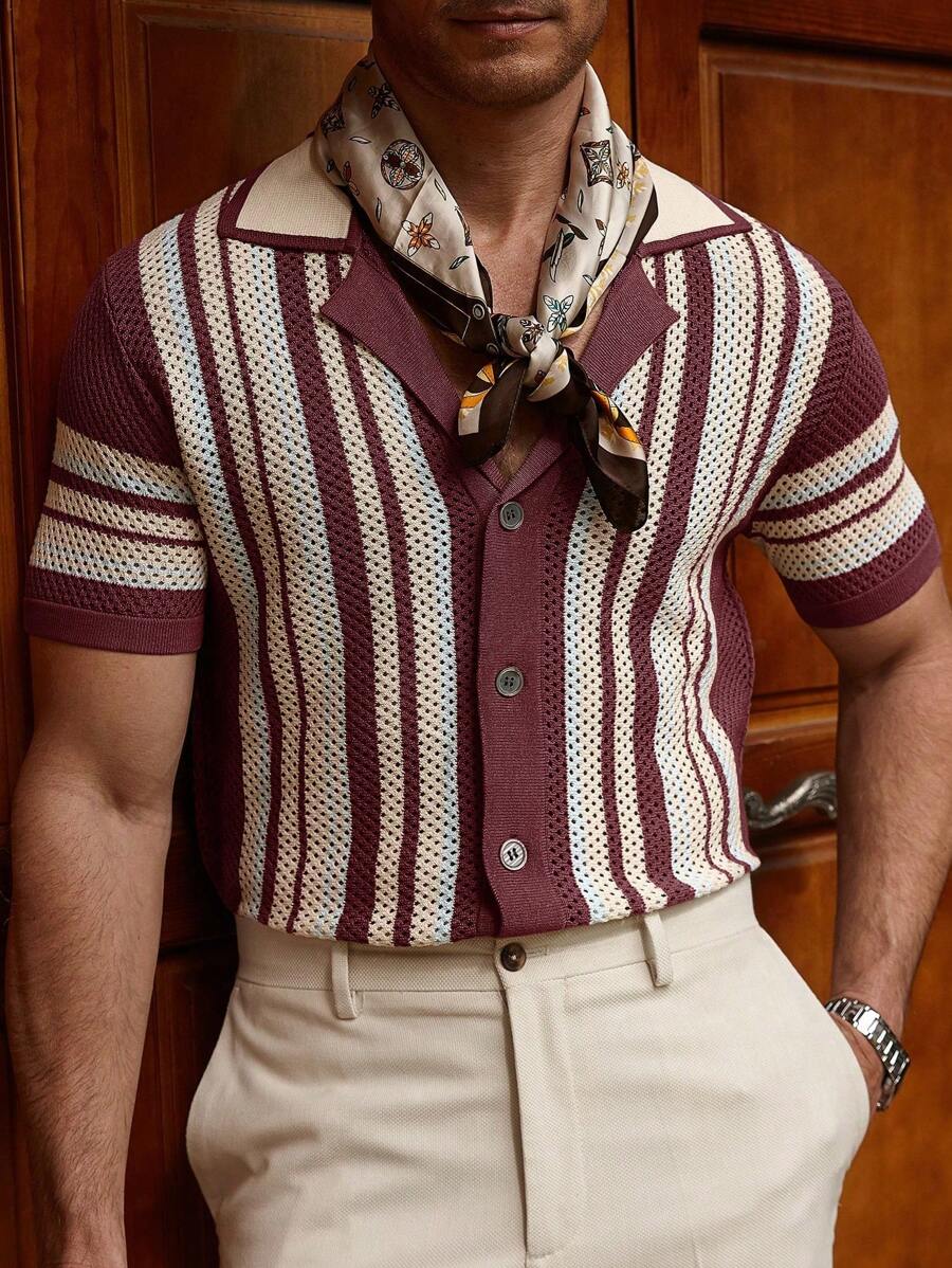 Manfinity CityGents Camiseta de punto de cuello redondo de manga corta con rayas verticales de contraste para hombre, de verano