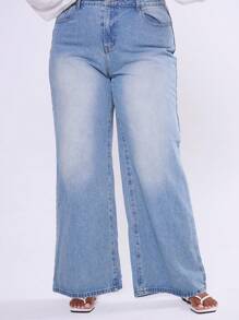 SHEIN Unity Plus Size High Rise Wide Leg Washed Jeans Summer Vacation Holiday Curve Sexy 90's - Blue - View 2