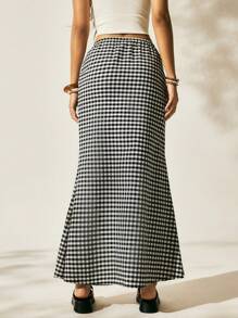 Easelle Plaid Design Drawstring Waist Casual Long Skirt For Women, Summer - Black and White - View 2
