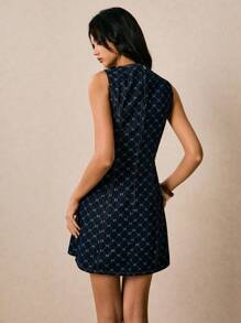 Poéselle New Women's Denim Dress Sleeveless Waist A-Line Dress Short Dress Jacquard Dress Dark Blue Autumn Clothing Going Out Clothing Casual Office Clothing Music Festival Clothing Y2K Clothing Back To School Clothing Pattern Dress Dark Blue Dresses Textured Dress