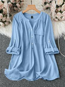 DreamSkyne Plus Size Casual Versatile Solid Color Shirt Fall Cloth For Women - Baby Blue - View 1
