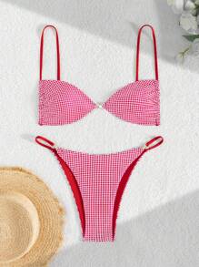 Swim Mod 2 件套女士性感波尔卡圆点印花金色配饰细肩带短款上衣和比基尼泳装套装，夏季 - 紅色 - 查看 1