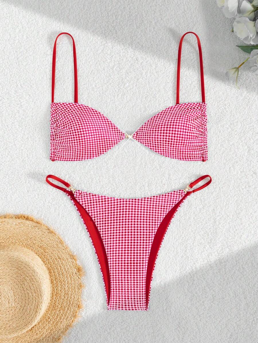 Swim Mod 2 件套女士性感波尔卡圆点印花金色配饰细肩带短款上衣和比基尼泳装套装，夏季 - 紅色 - 查看 1