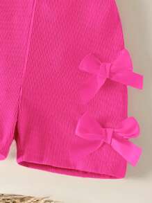 女童休闲时尚日常无袖高腰短款连体裤，蝴蝶结设计，甜美可爱 - 玫紅色 - 查看 4