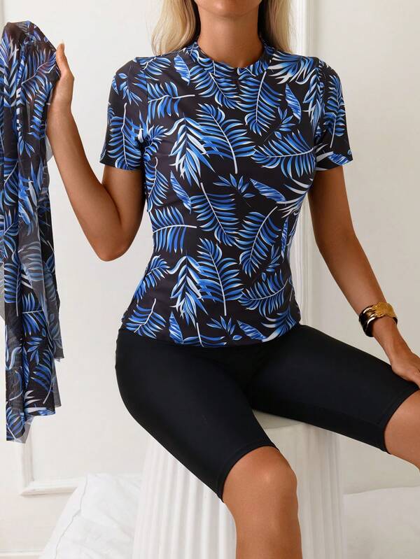 Swim Lushoire Ensemble de 3 maillots de bain de plage très prisés, comprenant un haut à manches courtes et col rond, un short à taille élastique et une tunique en maille, idéal pour les vacances d'été et le surf.