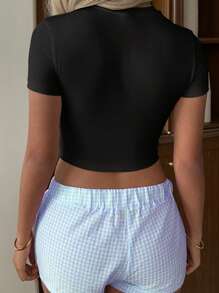 Aloruh Summer Casual Minimalist Pink Starfish & Seashell Print Crew Neck Short Sleeve Cropped Tight Fit T-Shirt For Women, Suitable For Summer, Beach Vacation, Spring Break, Graduation Season Suitable For Going Out - Black - View 2