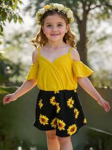 SHEIN Baby Girl Sunflower Print Cold Shoulder Romper - Multicolor - View 2