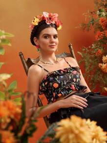 Frida Kahlo X SHEIN X Designer Oxana 黑色花卉印花荷叶边修身短款吊带背心，女款夏季假日