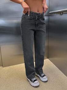 EURMUSE Pantalón vaquero 100% algodón de corte recto con talla alta y cinturón asimétrico - Gris Oscuro - Ver 3
