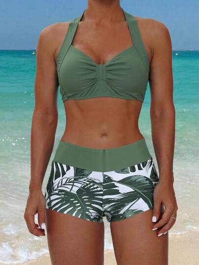 Swim Lushoire Women's Beach Vacation Turtle Leaf Print Bikini Set For Summer