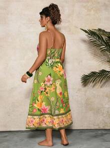 Travachic Plus Size Tropical Print Green Sleeveless Cutout Twist Front Slit Dress - Green - View 2